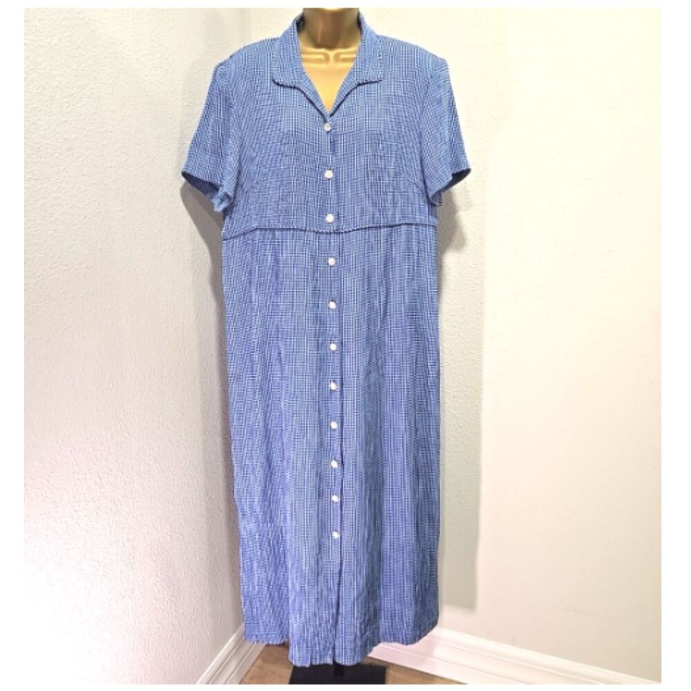 Vintage Talbots Midi Shirt Dress Sz 14 Blue Gingham Cottage Peasant Prairie Farm